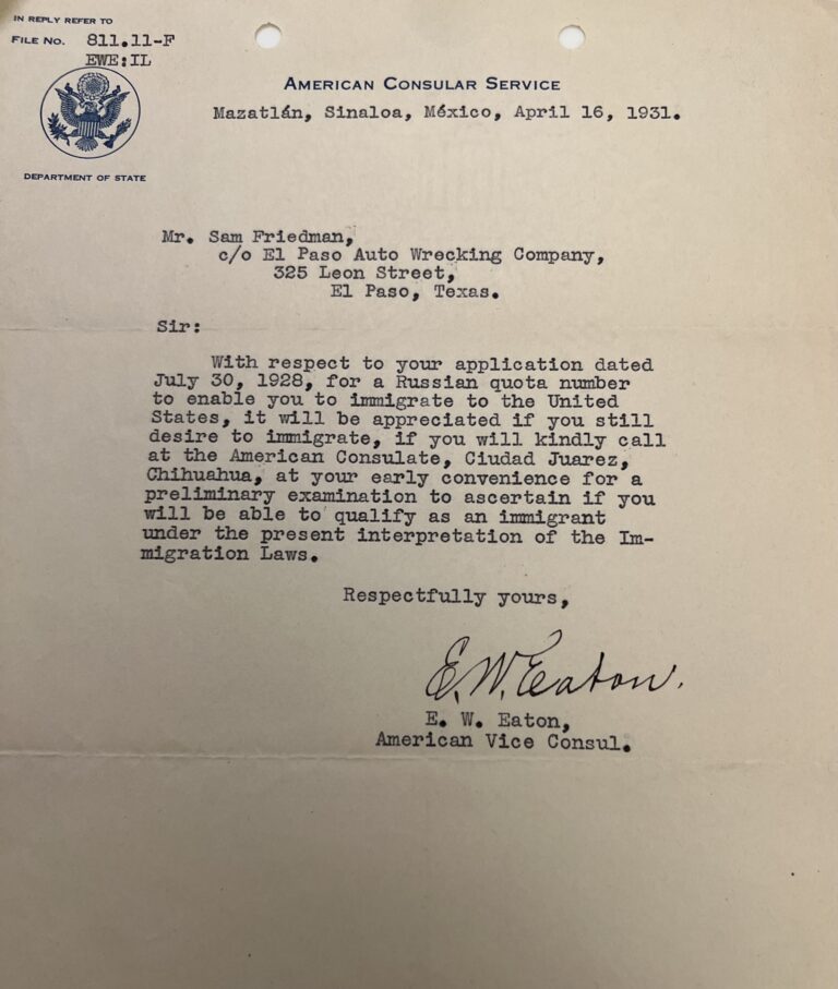 Immigration Letter for Sam Friedman - April 16, 1931