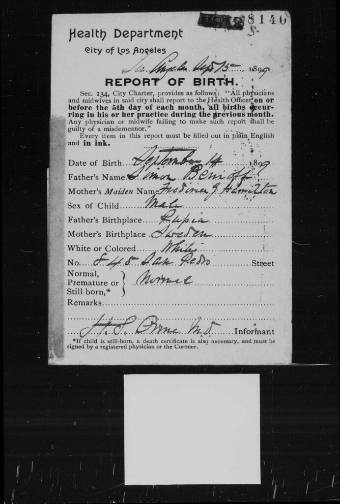 Birth Record of Hugo Benioff-1899