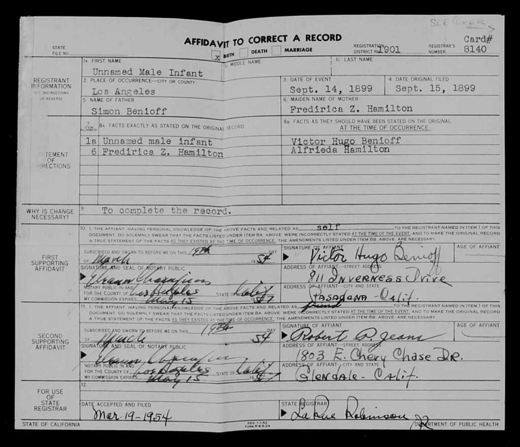 Hugo Benioff - Correction of His Birth Record