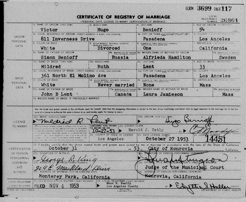 Marriage Record of Mildred Lent and Hugo Benioff - 1953