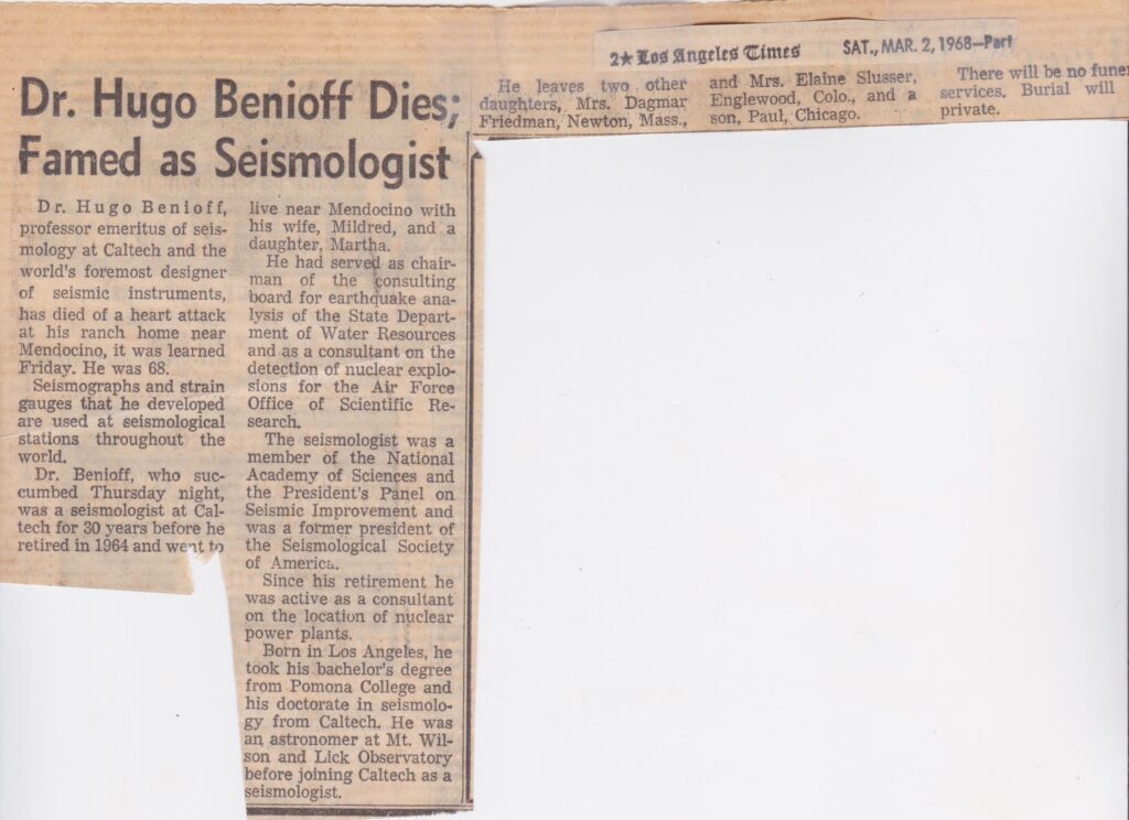 Obituary for Hugo Benioff - 1968