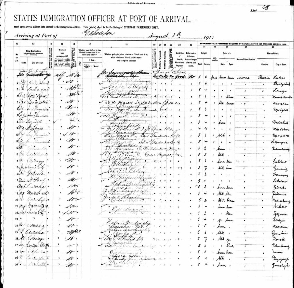 Galveston Arriving Passenger List - Sam and Sol Friedman- Aug 8, 1913 - page 2