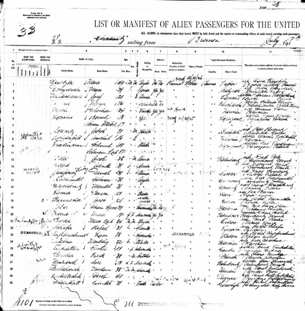 Galveston Arriving Passenger List - Sam and Sol Friedman - Aug 8, 1913 - page 1