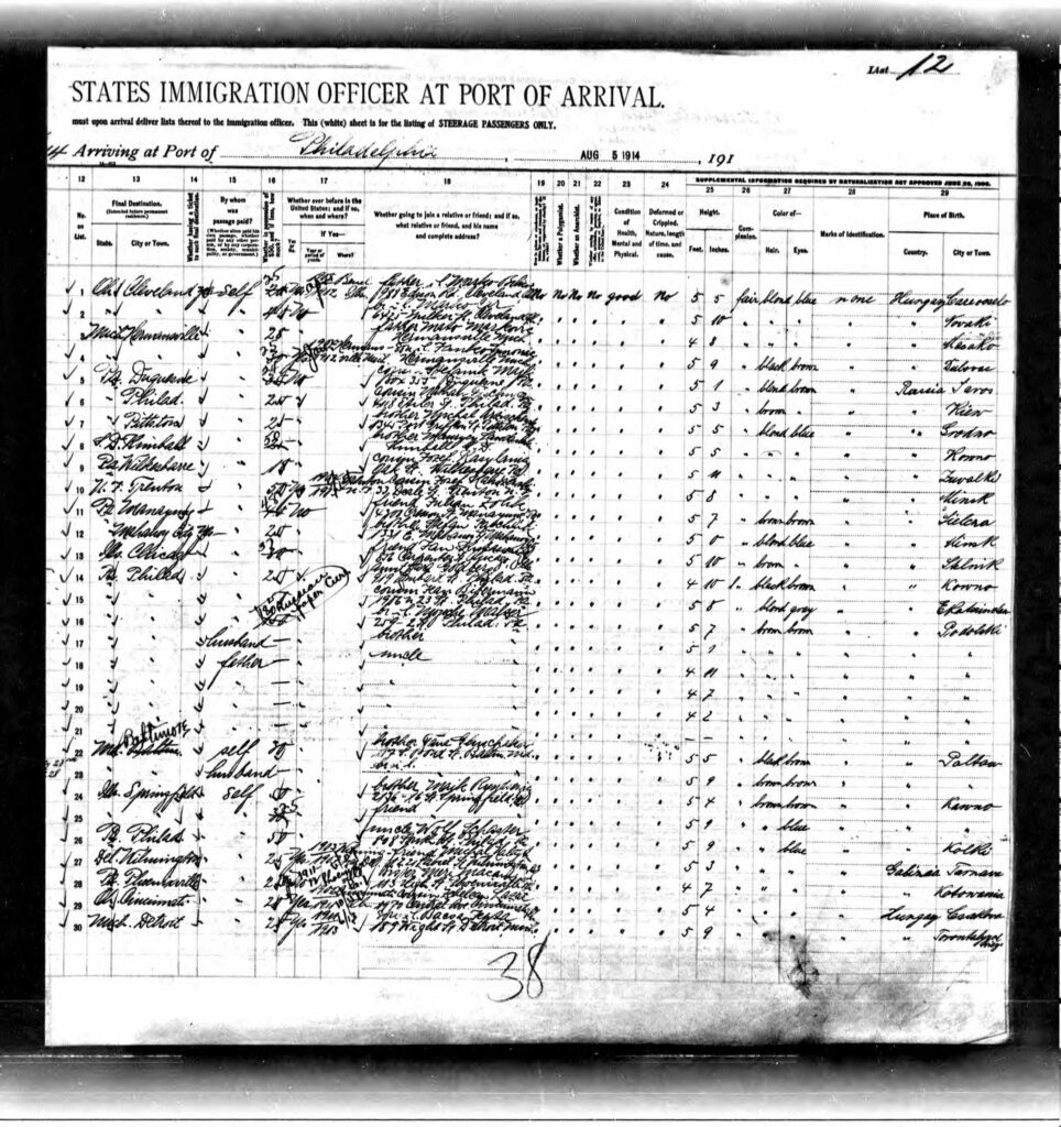 SHIP MANIFEST FOR HANA LICHT & FAMILY 1914- PHILADELPHIA - Page 2 - lines 16-21