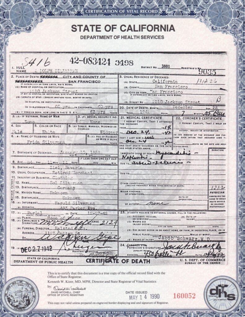 Death Certificate of Adolph Silverman - 1942