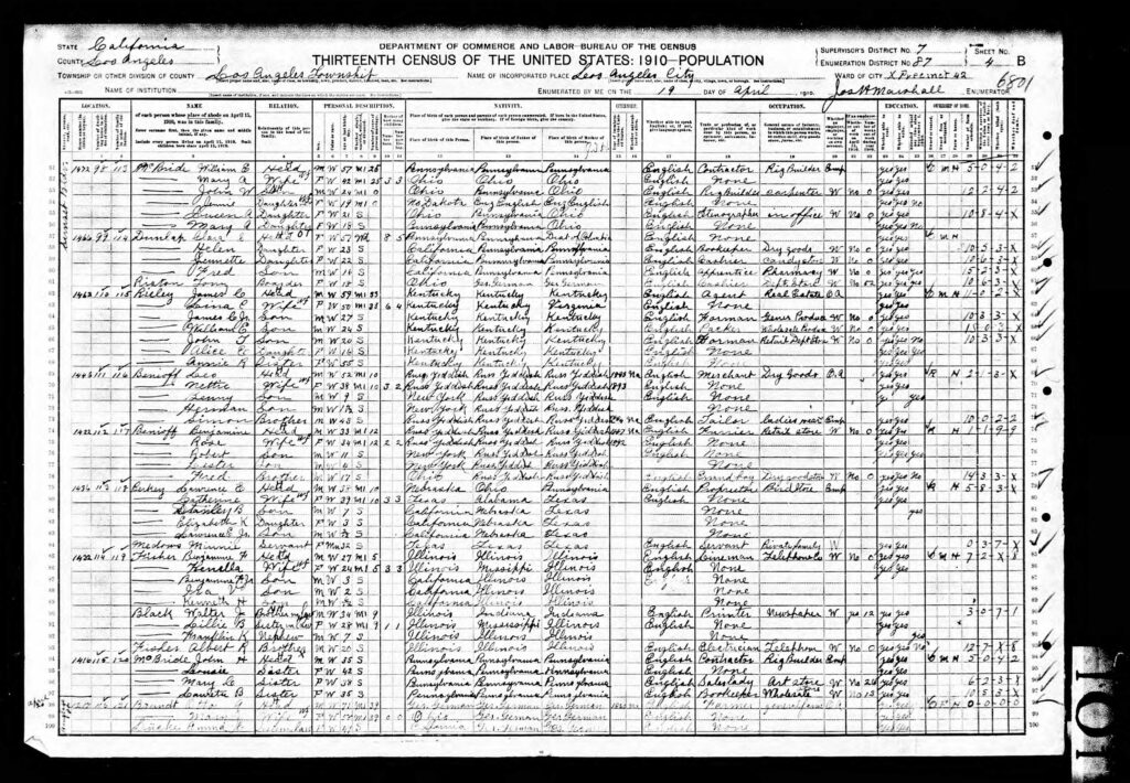 Simon Benioff 1910 Census, Los Angeles page 1