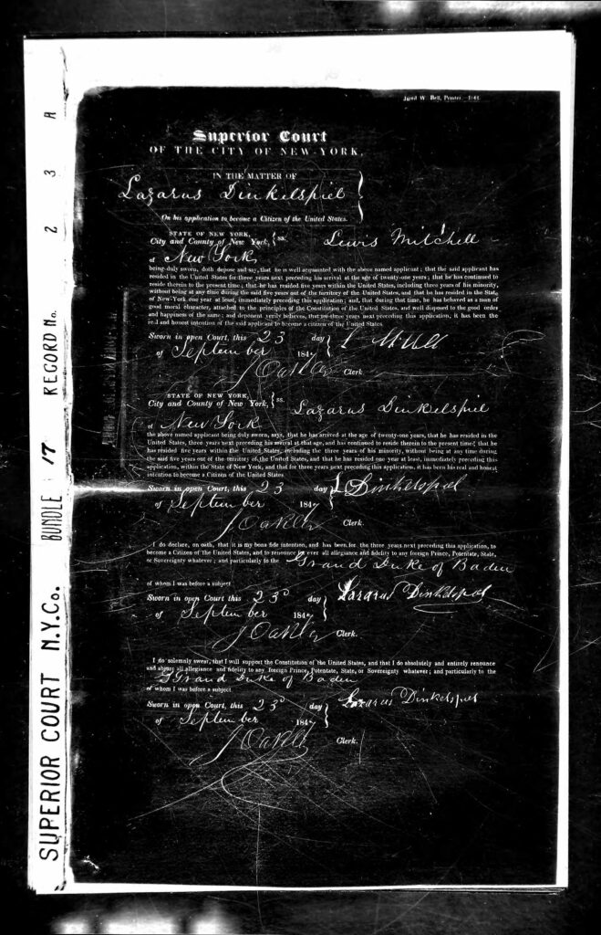 Application for Naturalization for Lazarus Dinkelspiel - 1847