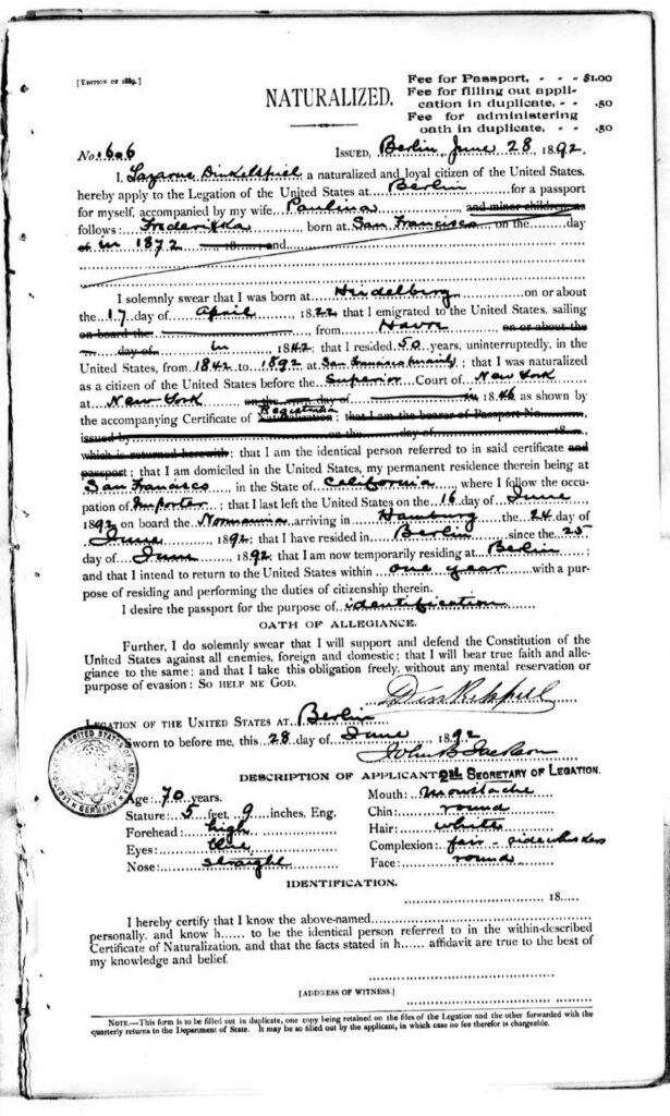 Lazarus Dinkelspiel Passport Application 1892