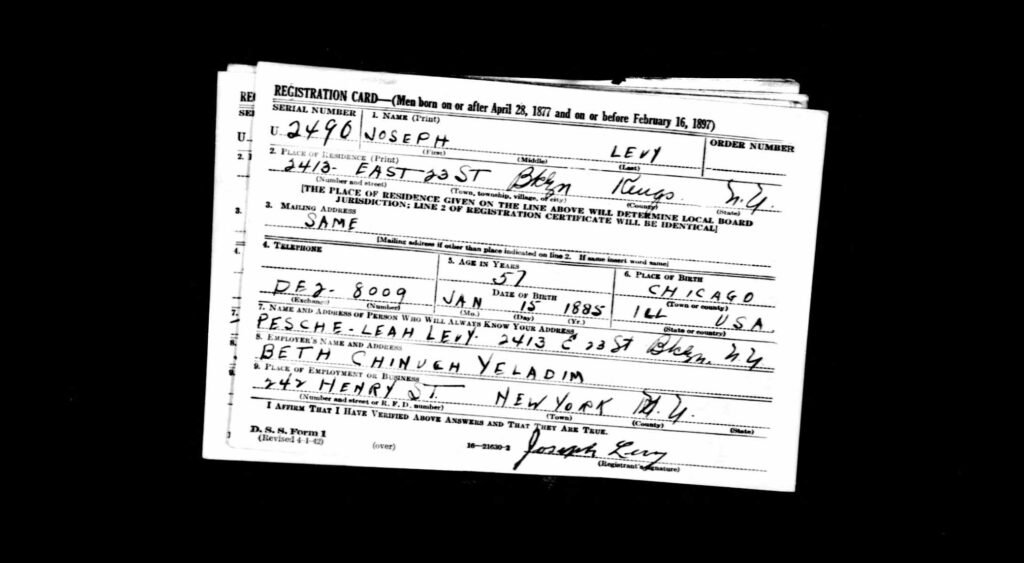 World War II Draft Registration for Joseph Levy, son of Shmuel - 1942