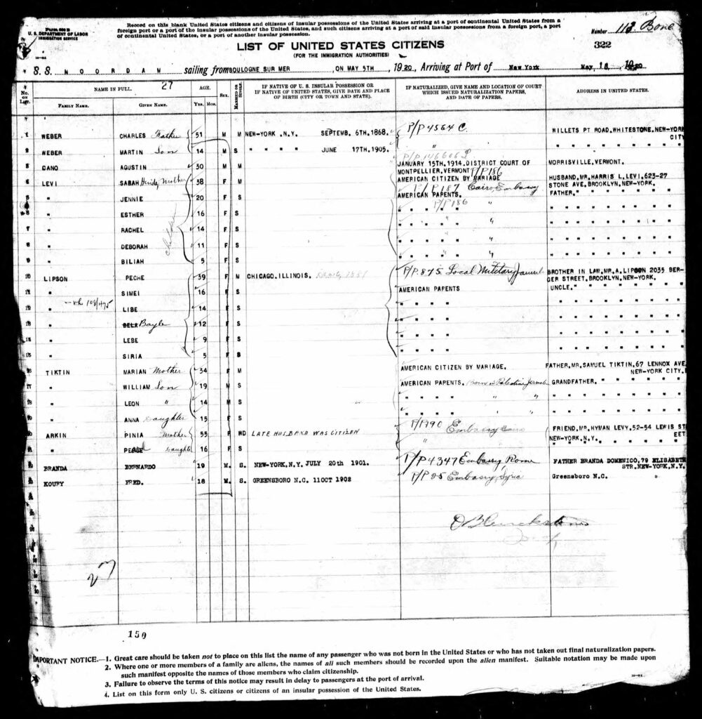 Levy-Lipson Ship Manifest May 5 1920