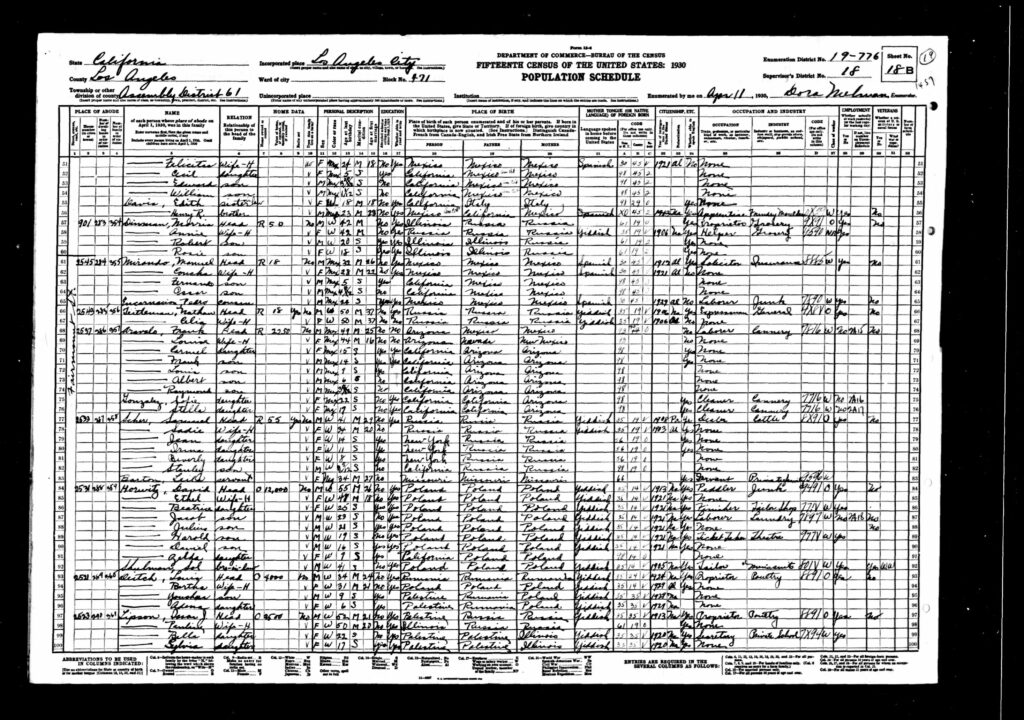 1930 Census - Lipson Family in Los Angeles