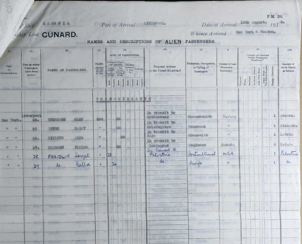 Bella and Herzel Fraidlin traveling to Liverpool on the Logonia/ Cunard in 1934