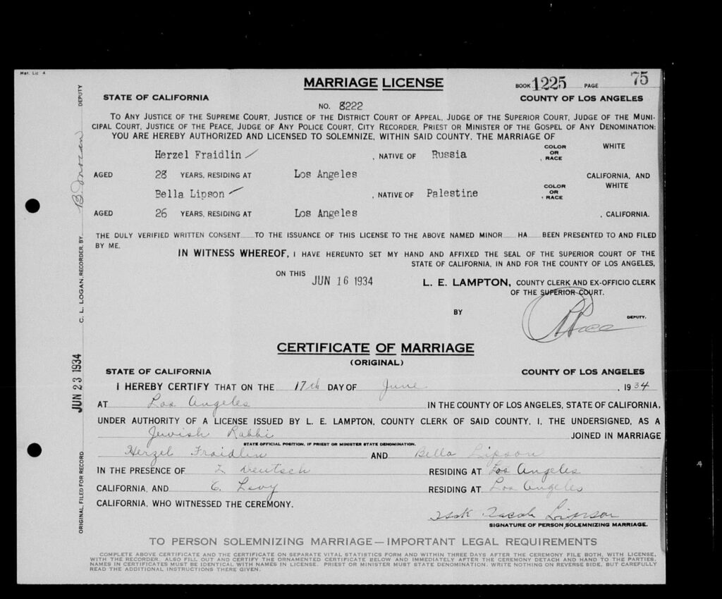 Bella Lipson Marriage Certificate