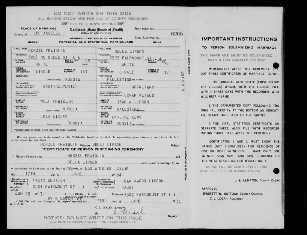 Bella Lipson Marriage Certificate