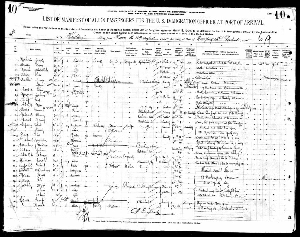 Ship Manifest with Zlate Lipson and her son Herschel arriving in Ellis Island, Sept 9, 1905, on the Hudson