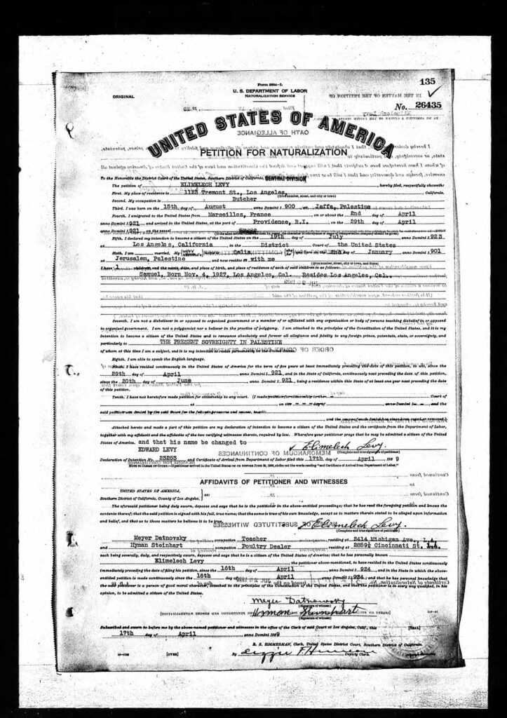 Melach Levy Naturalization; 16 April, 1924