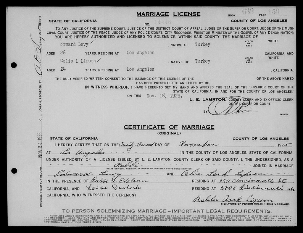 Celia Lipson-Melach Levy Marriage Certificate-side 1