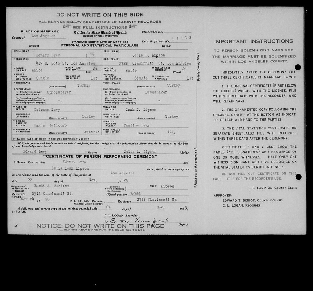 Celia Lipson-Melach Levy Marriage Certificate-side2