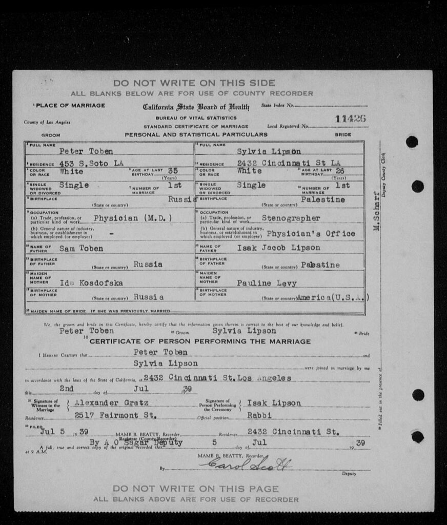 Sylvia Lipson Toben Marriage Document page 2