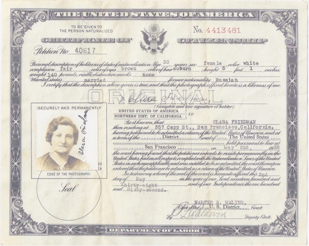 Citizenship Certificate of Clara Friedman