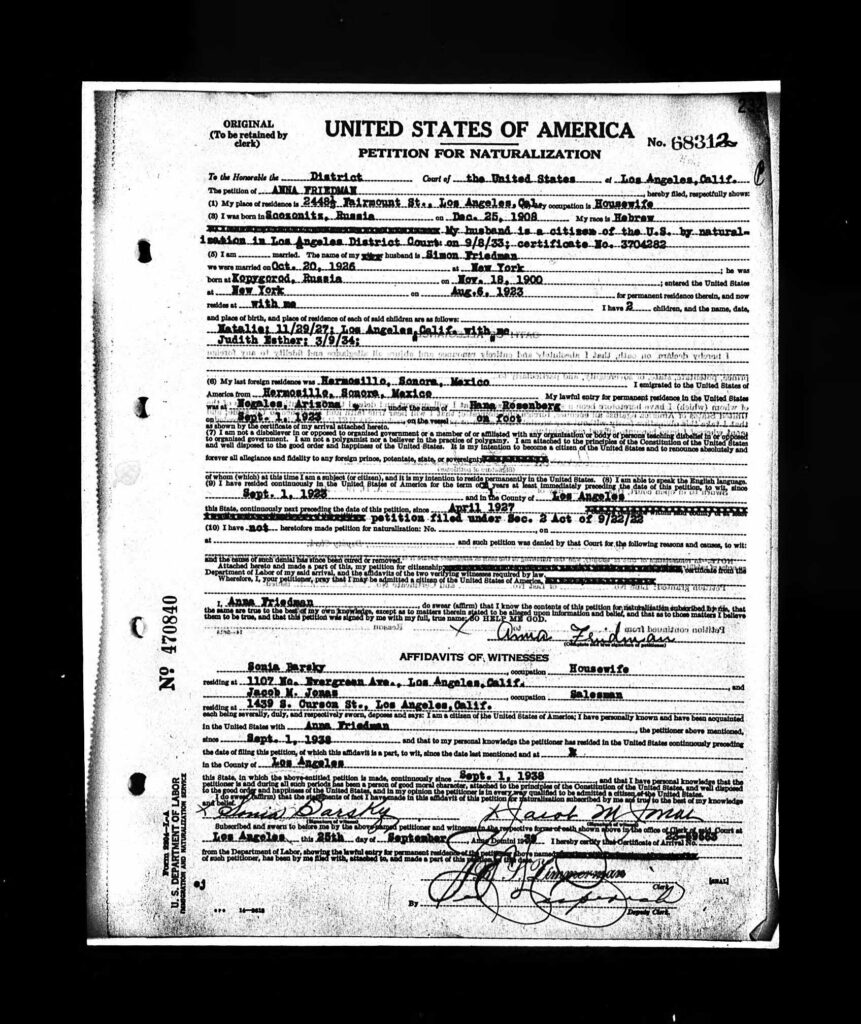 Petition for Naturalization of Anna Kibrick Friedman