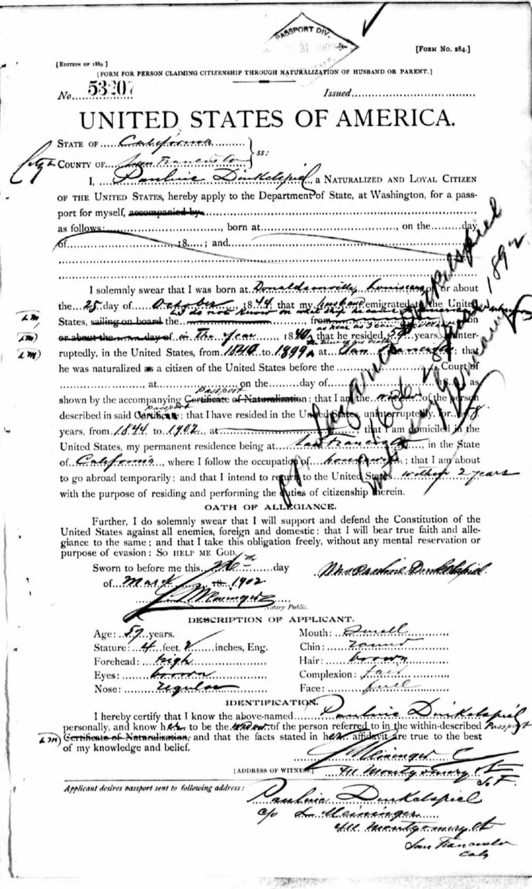 Pauline Hess Dinkelspiel-Passport Application 1902