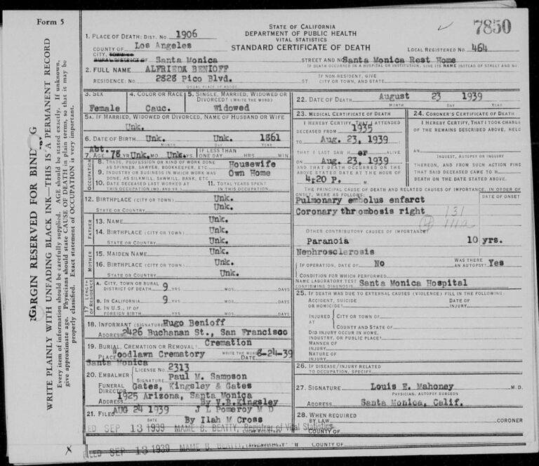 Alfrieda G. Widerquist Benioff Death Certificate