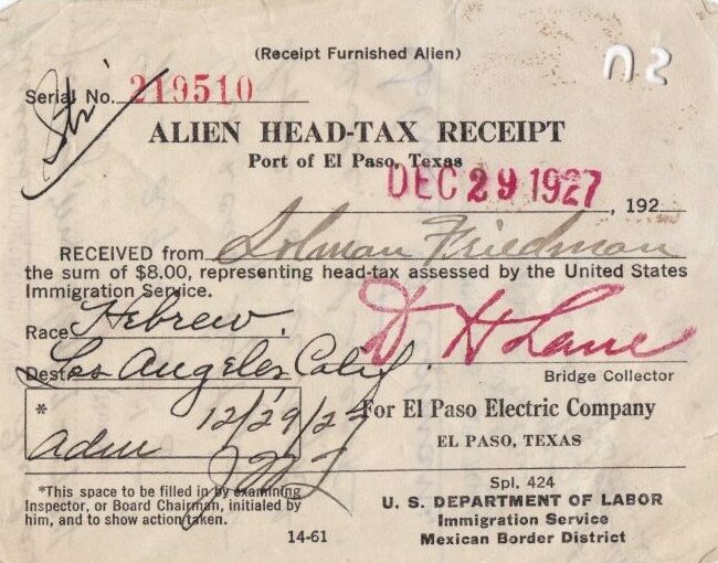 Immigration Visa Alien Head-Tax Receipt for Solman Friedman - side 2