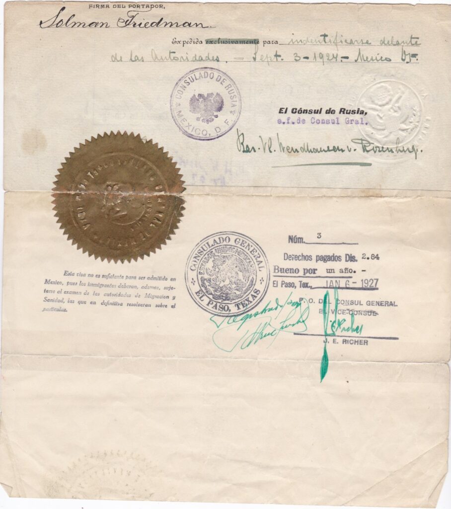 Sol Friedman's Document from Russian Consulate in Mexico -side 1