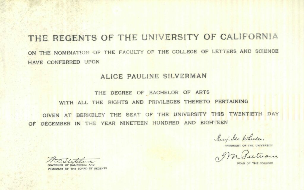 Alice Silverman - BA degree from UC Berkeley in 1918