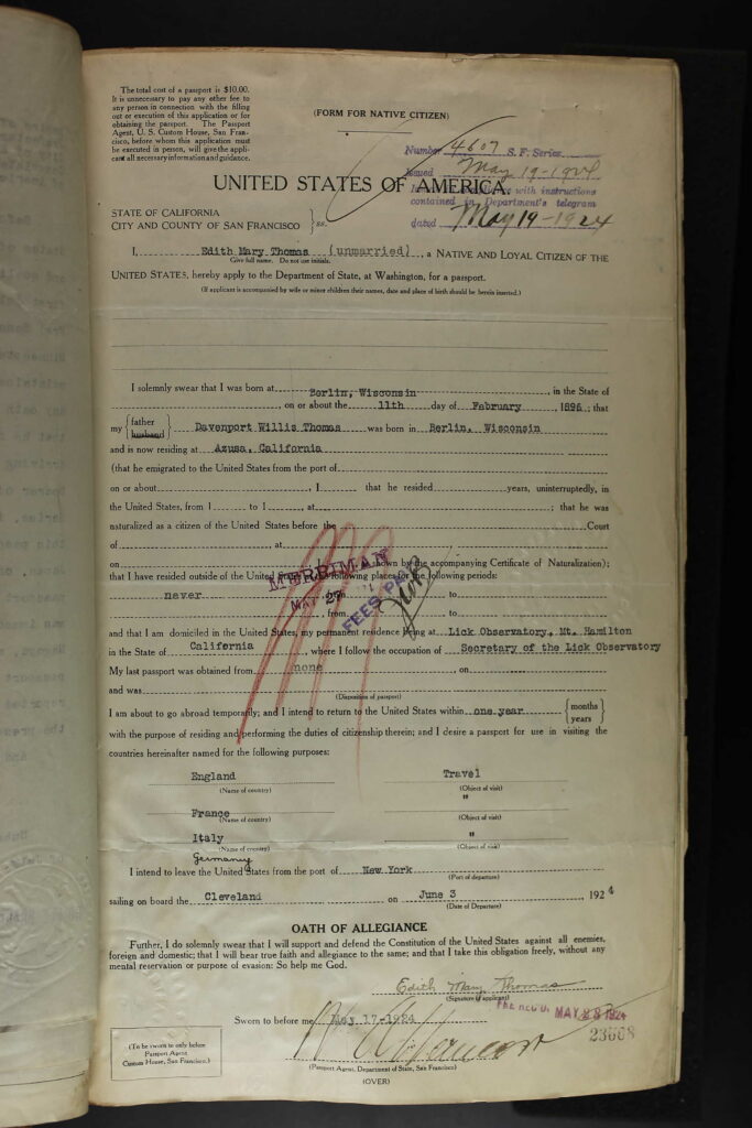 Edith Thomas' Passport Application, 1924 p 1