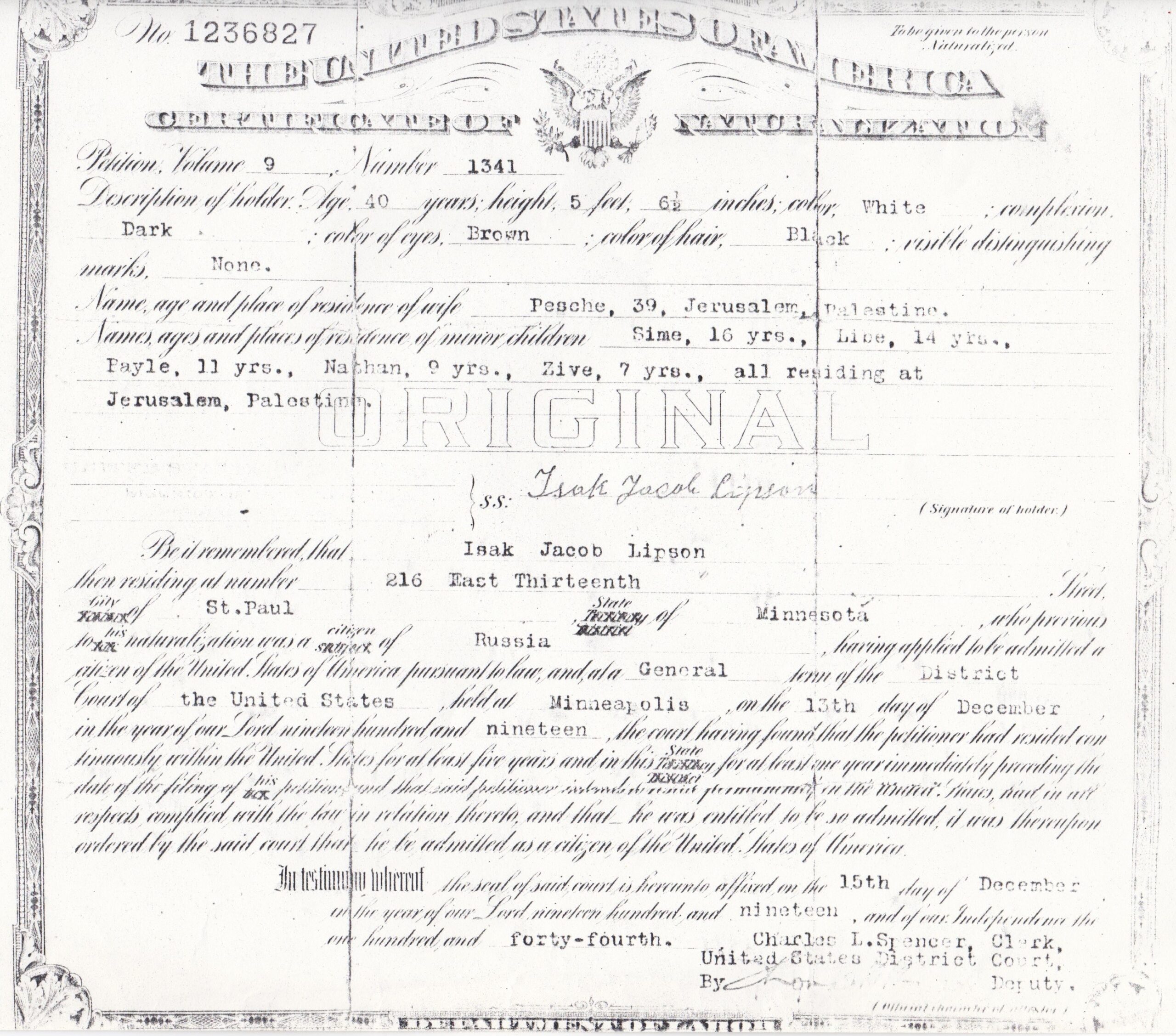 Isak Jacob Lipson Certificate of Naturalization - 1919