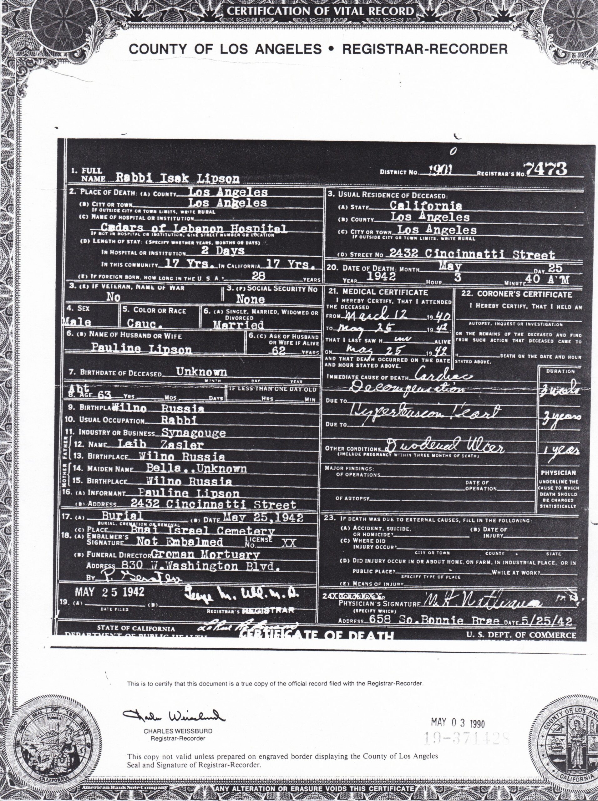 Isak Jacob Lipson - Death Certificate - 1942