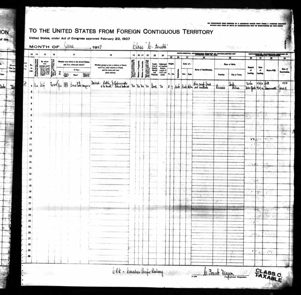 Isak Lipson Border Crossing from Canada to US in June, 1913 page 2