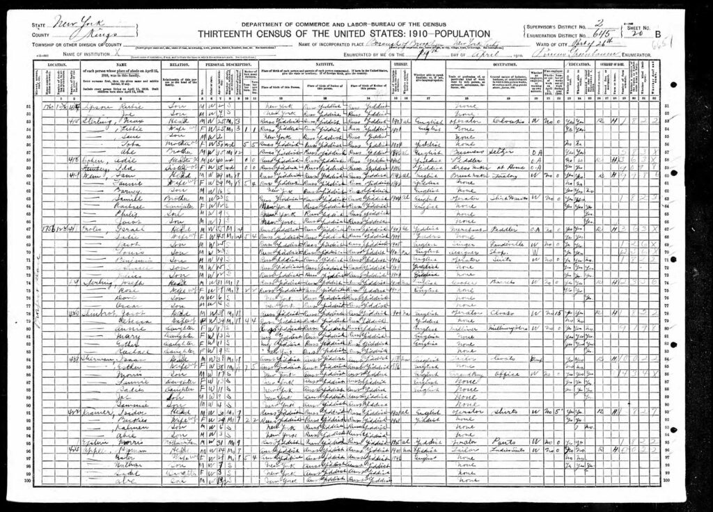 Alex Lipson and Family in NY Federal Census - 1910 - page 2 - see lines 51 and 52