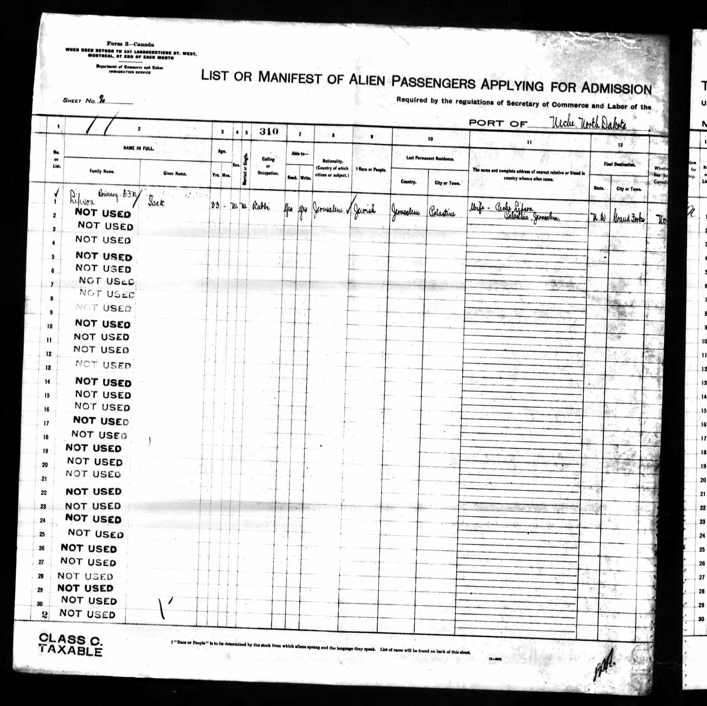 Isak Lipson Border Crossing from Canada to US in June, 1913 - page 1