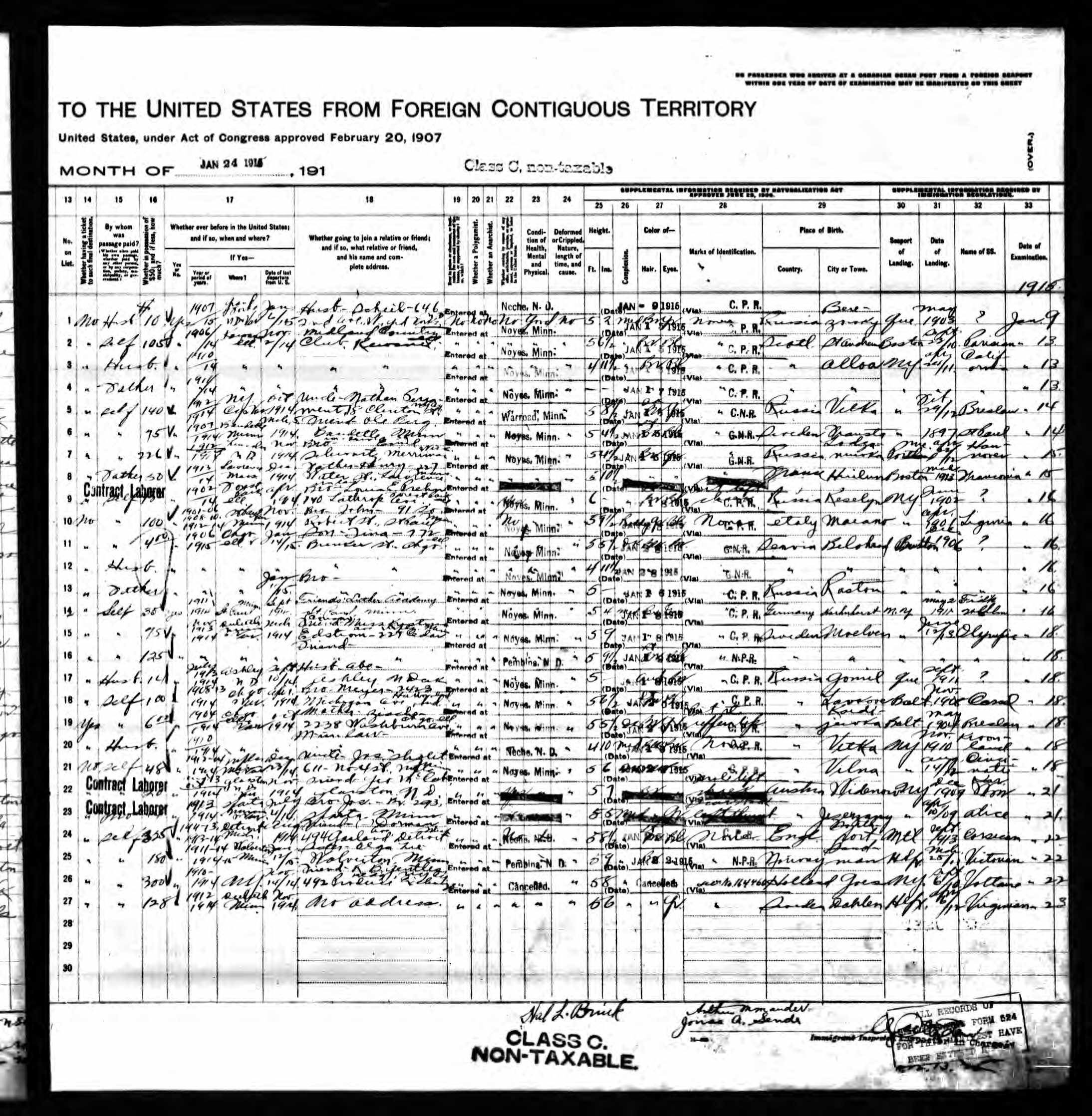 Isak Lipson Border Crossing from Canada to US in June, 1915 - page 2