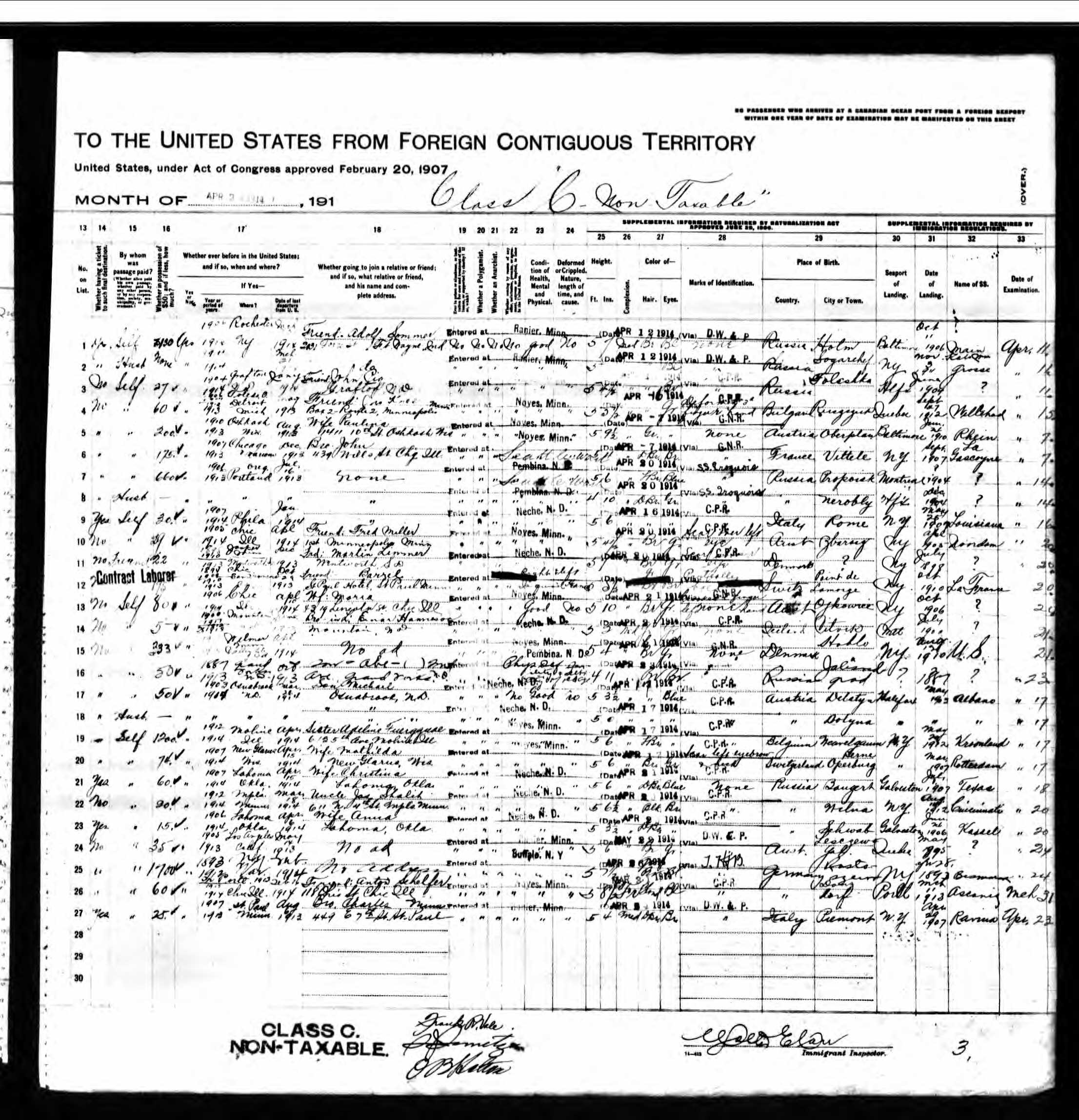 Isak Jacob Lipson returns to US (St. Albans, VT) from Canada -1914 page 1