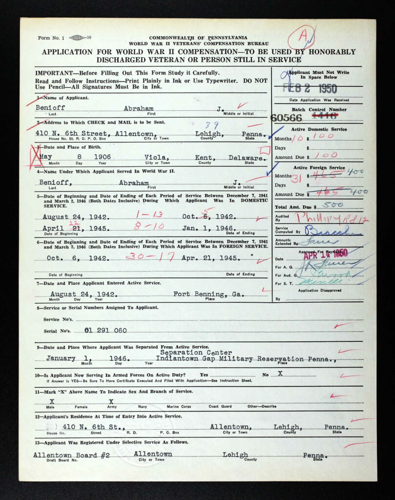 Abe Benioff's Application for WWII Veteran's Compensation - 1950