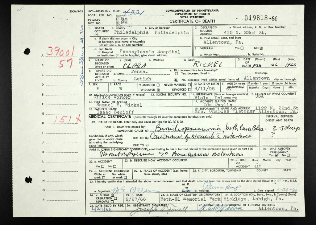 Death Certificate of Clara Benioff Rickel - 1966