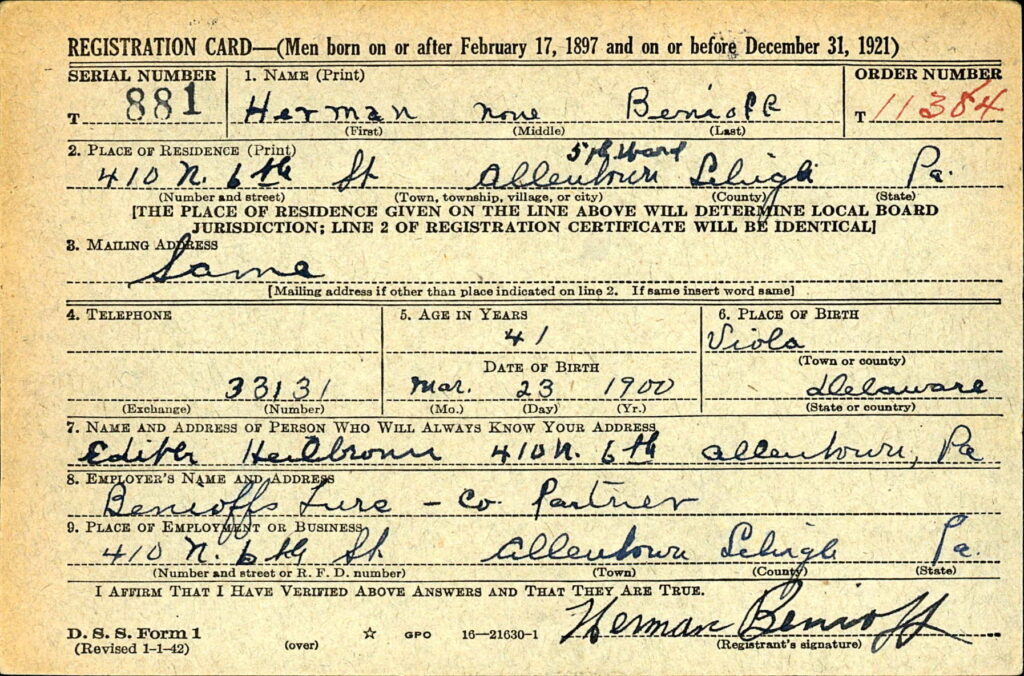 Herman Benioff's WWII Draft Card - 1942