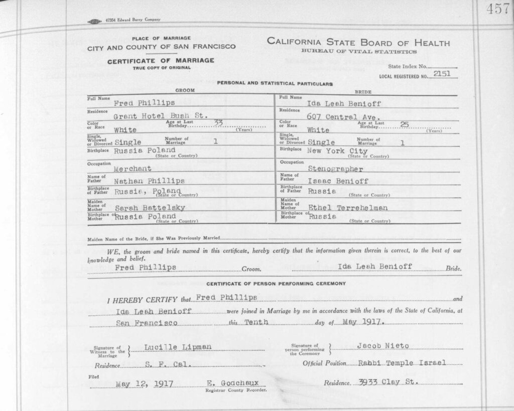 Marriage Document for Fred Phillips and Ida Lea Benioff_1917