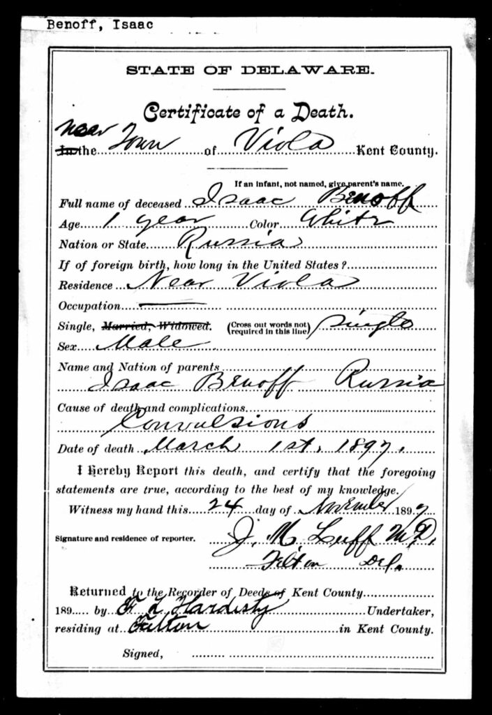 Death Record of Isaac Benioff (1896-1897)