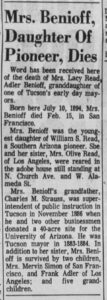 George Benioff - Mrs. Benioff, Daughter of Pioneer, Dies - 1966