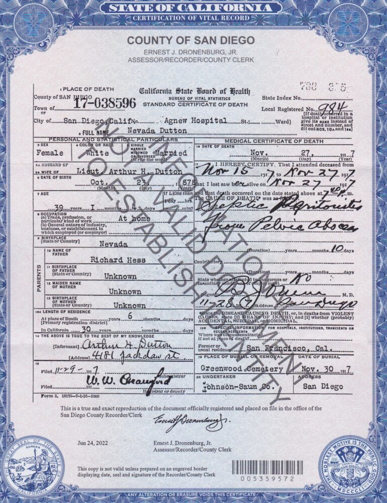 Death Certificate of Nevada Hess Dutton - 1917