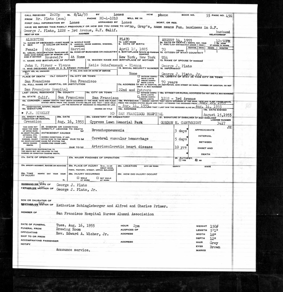 Funeral Home record of Albertine Pirmer - 1955