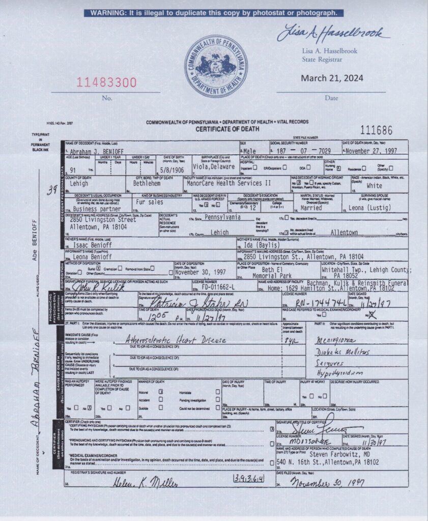 Death Certificate of Abraham Benioff_ 1997