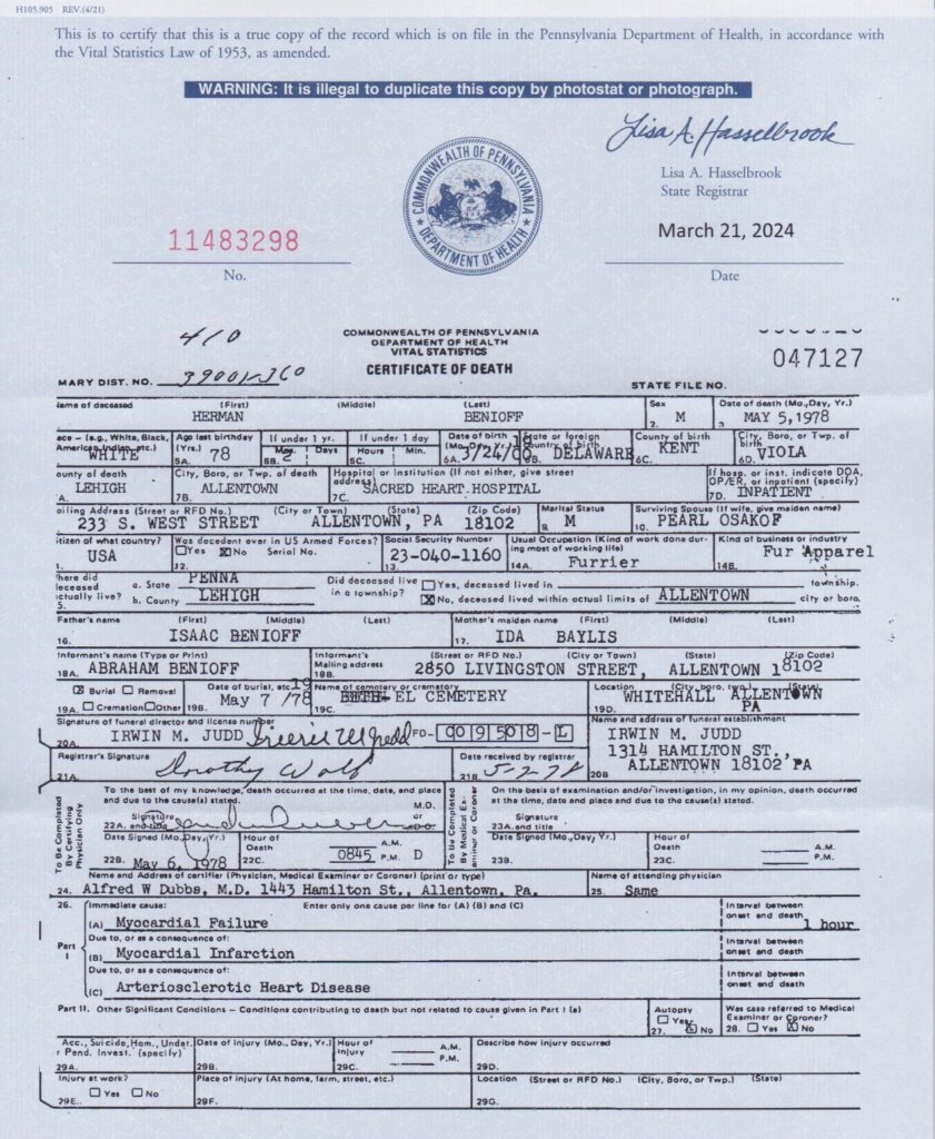 Death Certificate of Herman Benioff_ 1978