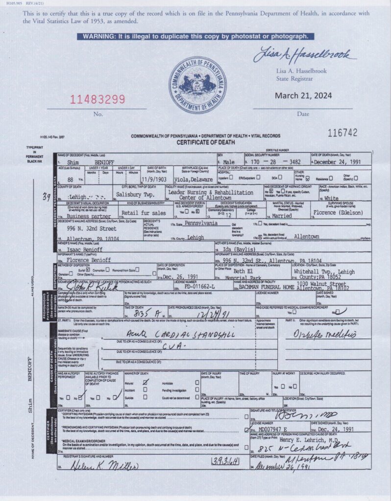 Death Certificate of Shim Benioff_ 1991