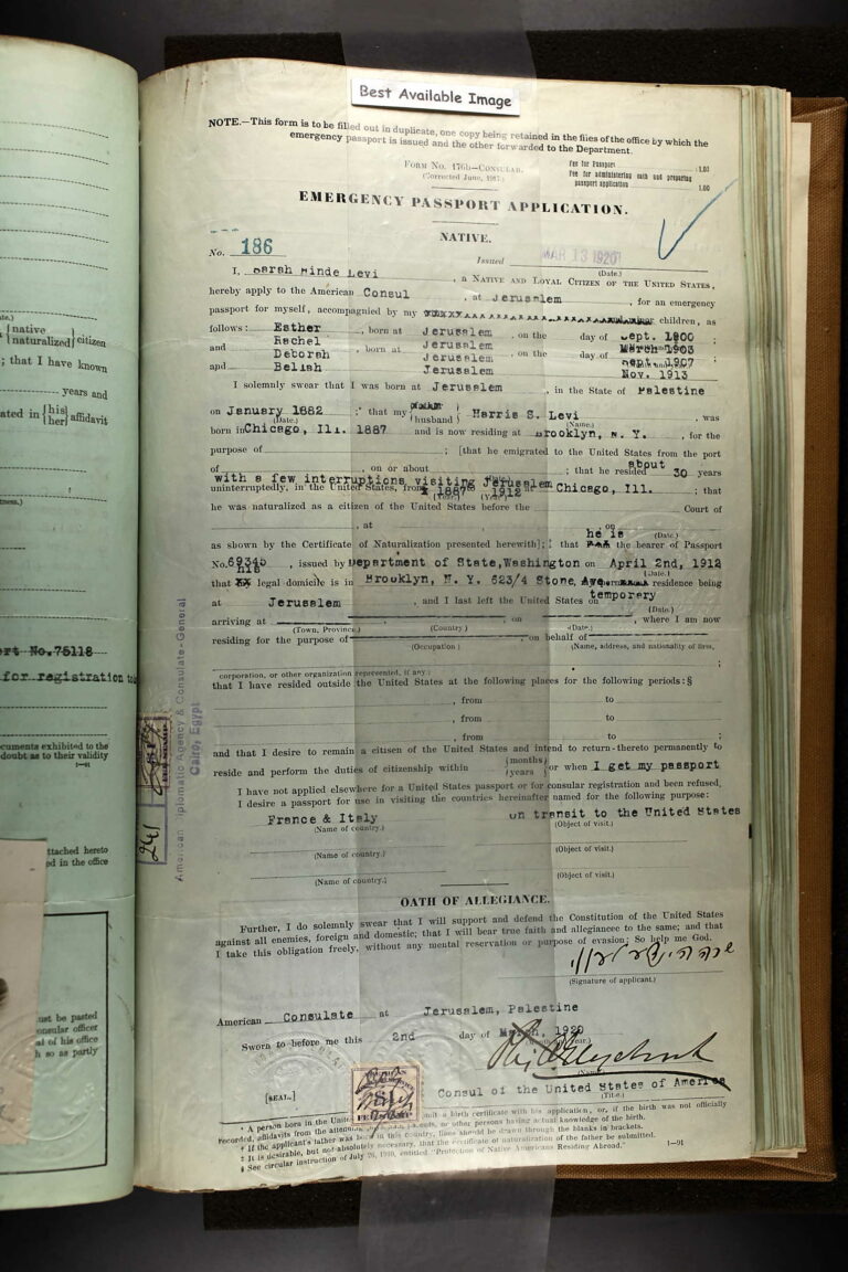 Application for an Emergency Passport for Sarah Hinde Levi and children - 1920 page 1